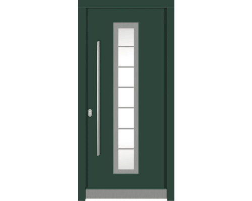 Haustür DW12 Kiefer RAL 6005 moosgrün 1100x2100 mm DIN Links (nach innen öffnend) Moderne Haustür mit Glaseinsatz und Edelstahlgriff