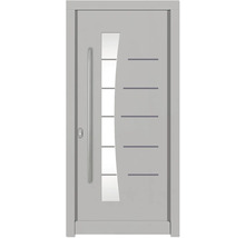 Moderne Haustür mit Glaseinsatz und horizontalen Zierelementen.