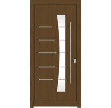 Moderne Haustür aus Holz mit Glaseinsatz und Griffstange