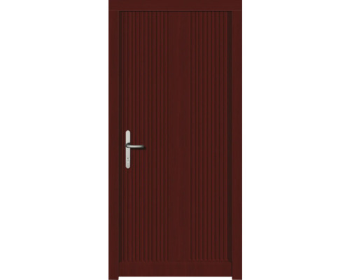 Haustür DW39 Kiefer/Eiche S62-Mahagoni 1100x2100 mm DIN Links (nach innen öffnend) Braune Innentür mit vertikalen Rillen und silberfarbener Türklinke