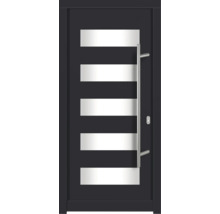Moderne Haustür mit horizontalen Glaseinsätzen und Edelstahlgriff