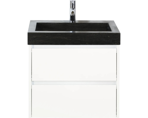 Waschtisch mit zwei Schubladen, schwarzer Waschtischplatte und Armatur