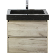 Waschtischunterschrank mit Schubladen und dunklem Aufsatzwaschbecken