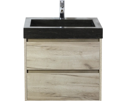 Waschtischunterschrank mit Schubladen und dunklem Aufsatzwaschbecken