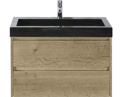 Waschtisch mit Unterschrank, Holzoptik und schwarzem Waschbecken