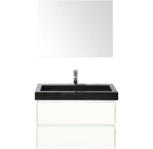 Waschtischkombination mit Spiegel, schwarzer Waschtischplatte, Aufsatzwaschbecken und Unterschrank