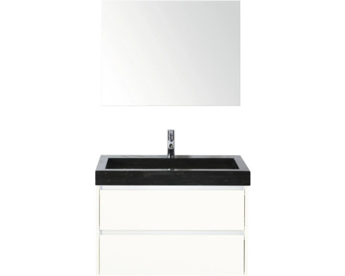 Waschtischkombination mit Spiegel, schwarzer Waschtischplatte, Aufsatzwaschbecken und Unterschrank