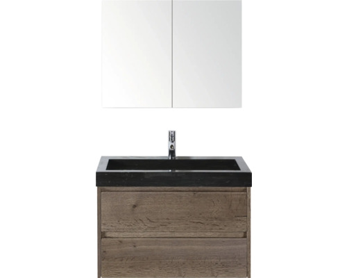 Waschtischkombination mit Spiegel, Waschbecken und Unterschrank aus Holz