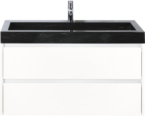 Waschtisch mit schwarzem Waschbecken und weißem Unterschrank