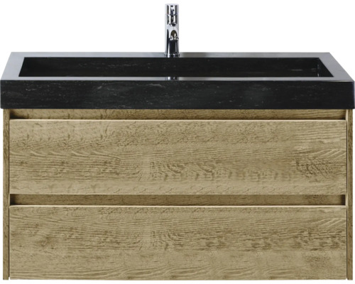 Waschtischunterschrank mit zwei Schubladen, einer schwarzen Waschtischplatte und einer Armatur