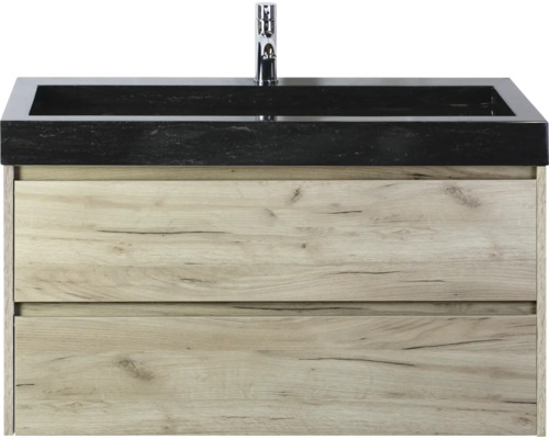 Waschtischunterschrank mit zwei Schubladen und schwarzem Waschbecken