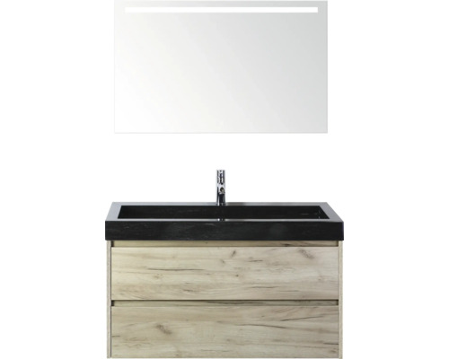 Waschtischkombination mit Waschbecken, Armatur und Spiegel für das Badezimmer