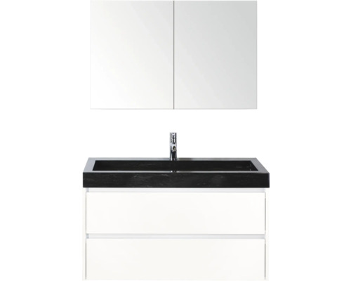 Waschtischkombination mit Spiegelschrank, Armatur und zwei Schubladen