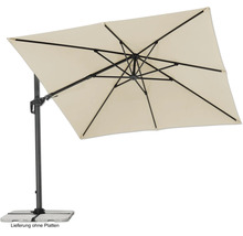 Freiarmschirm mit rechteckigem Schirmdach und stabilem Standfuß.