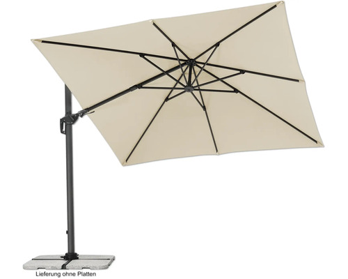 Freiarmschirm mit rechteckigem Schirmdach und stabilem Standfuß.