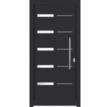 Moderne Haustür mit horizontalen Zierelementen und Griffstange