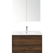 Waschtischkombination mit Spiegelschrank, weißem Waschbecken und Unterschrank mit zwei Schubladen