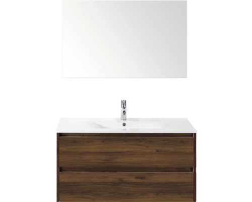 Badmöbel-Set Sanox Dante 101x52x46 cm walnuss mit Spiegel Waschtisch mit Spiegel und Holzstruktur