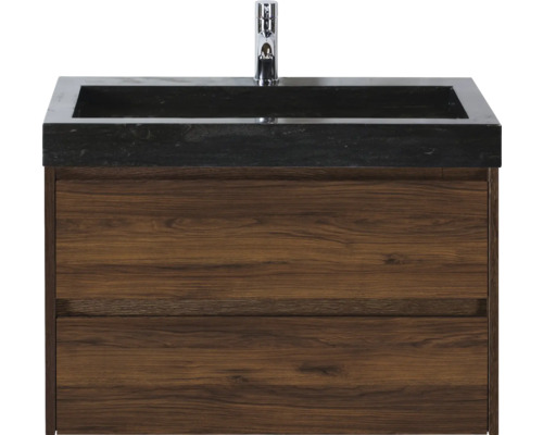 Waschtischunterschrank mit zwei Schubladen, schwarzem Waschbecken und Armatur