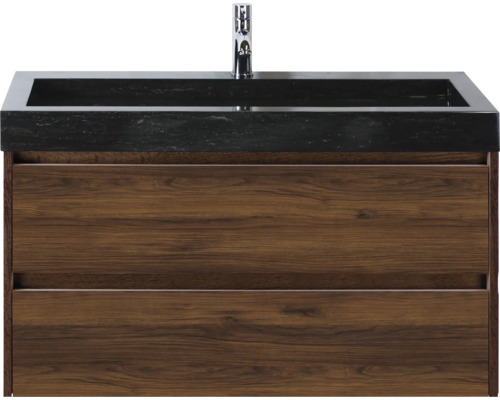 Waschtischunterschrank mit schwarzem Waschbecken und zwei Schubladen