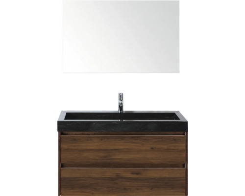 Waschtischkombination mit Spiegel, Waschtisch aus Stein, Unterschrank mit zwei Schubladen und Armatur