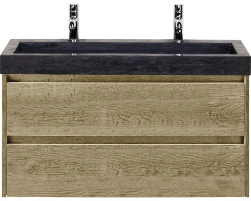 Waschtischunterschrank mit zwei Schubladen, Waschtischplatte und zwei Armaturen