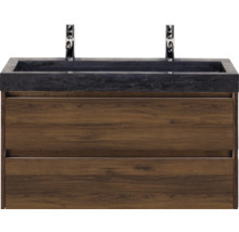 Waschtischunterschrank mit zwei Schubladen und dunkler Waschtischplatte