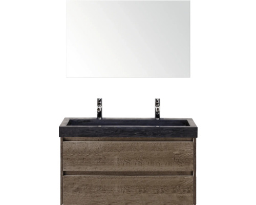 Waschtischkombination mit Spiegel, Waschtisch und zweiarmiger Armatur für das Badezimmer