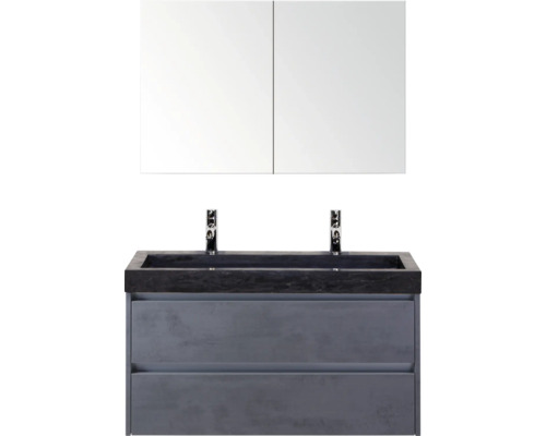 Waschtisch mit zwei Becken, Unterschrank und Spiegelschrank