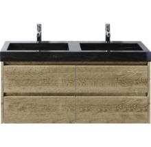 Waschtisch mit zwei Waschbecken, Armaturen und Holzschubladen