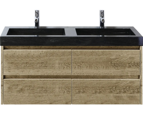 Waschtisch mit zwei Waschbecken, Armaturen und Holzschubladen