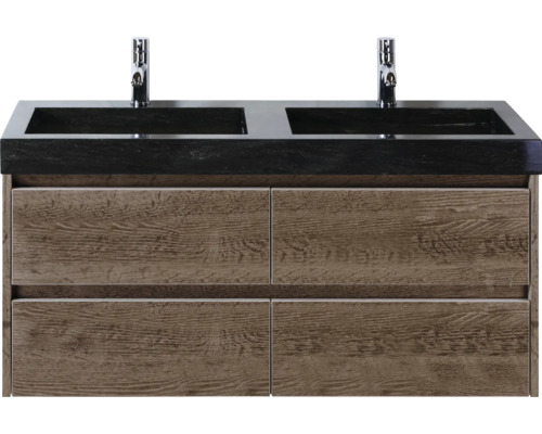 Waschtischunterschrank mit Doppelwaschbecken, Holzoptik und vier Schubladen