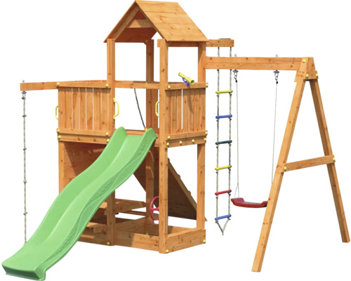 Spielturm mit Rutsche, Schaukel und Kletterleiter aus Holz
