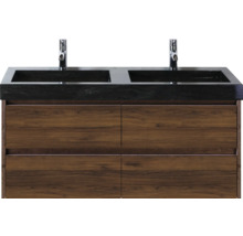 Waschtisch mit zwei Waschbecken, Armaturen und Holzschränken