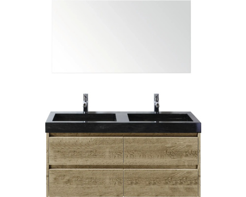 Waschtisch mit zwei Waschbecken, Spiegel und Holzunterschrank für das Badezimmer