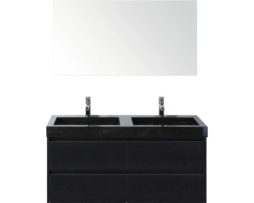 Waschtisch mit zwei Waschbecken, Unterschrank und Spiegel