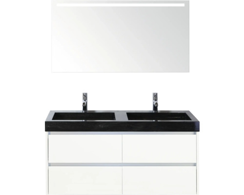 Badezimmermöbel-Set mit Doppelwaschtisch, Unterschrank und Spiegel mit Beleuchtung