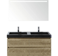 Waschtisch mit zwei Waschbecken, Unterschrank mit Schubladen und Spiegel mit Beleuchtung für das Badezimmer