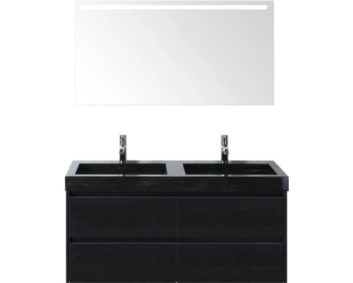 Badezimmerensemble mit Doppelwaschtisch, Unterschrank und Spiegel mit Beleuchtung