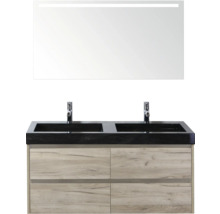 Waschtisch mit zwei Waschbecken, Armaturen, Unterschrank und Spiegel mit Beleuchtung für das Badezimmer