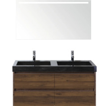 Waschtisch mit Doppelwaschbecken, Holzunterschrank und beleuchtetem Spiegel für Badezimmer