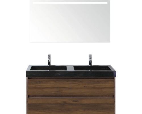 Waschtisch mit Doppelwaschbecken, Holzunterschrank und beleuchtetem Spiegel für Badezimmer