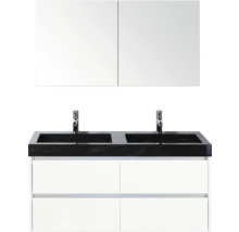 Waschtisch mit zwei Waschbecken, Armaturen, Unterschrank und Spiegelschrank für das Badezimmer