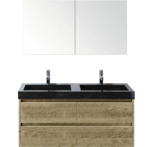 Doppelwaschtisch mit zwei Waschbecken, Armaturen, Unterschrank und Spiegelschrank für das Badezimmer.