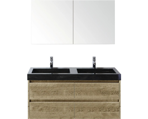 Doppelwaschtisch mit zwei Waschbecken, Armaturen, Unterschrank und Spiegelschrank für das Badezimmer.