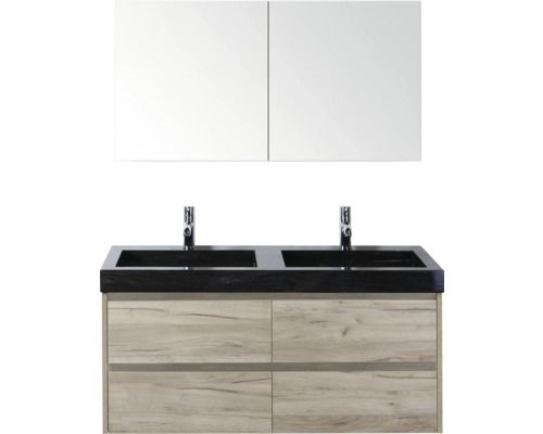 Badezimmermöbelset mit Doppelwaschbecken, Spiegelschrank und Holzunterschrank