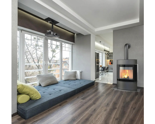 Wohnzimmer mit Fensterbank, Kamin und Projektor