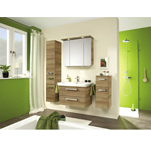 Badezimmer mit Waschtisch, Spiegelschrank, Hochschrank, Unterschrank und Dusche
