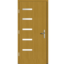 Holztür mit horizontalen Lichtausschnitten und Türgriff