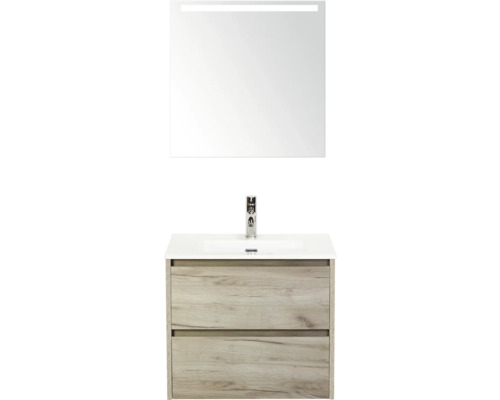 Waschtisch mit zwei Schubladen, Waschbecken, Armatur und beleuchtetem Spiegel